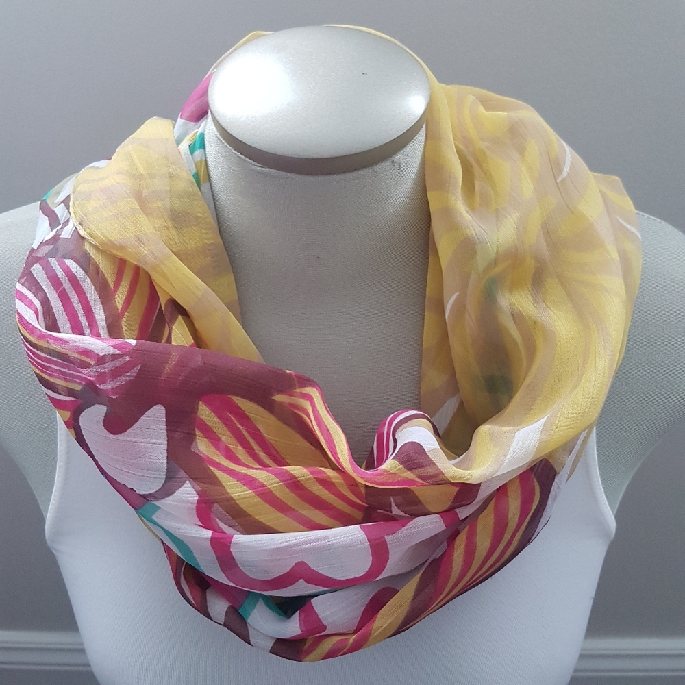 Floral & Butterfly Scarf -White Crochet Trim